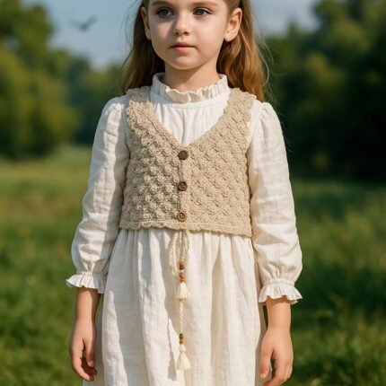 Vintage Ivory Ruffle Dress with Crochet Waistcoat for Girls